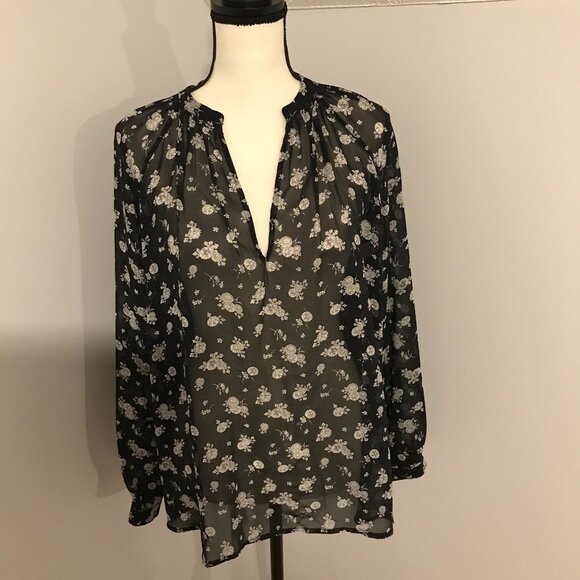 Vince Calico Black and White Floral Print Silk Blouse - Size Small - Picture 1 of 11